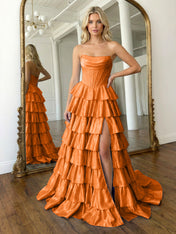 Light Blue Sequins Strapless Tiered Long Prom Dress with Slit