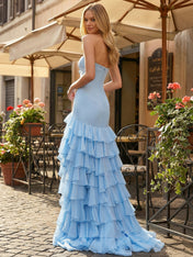 Light Blue Strapless Tiered Ruffle Long Prom Dress with Bow
