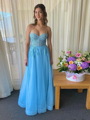 Light Blue Strapless Tulle Prom Dress with Floral Lace Appliqués