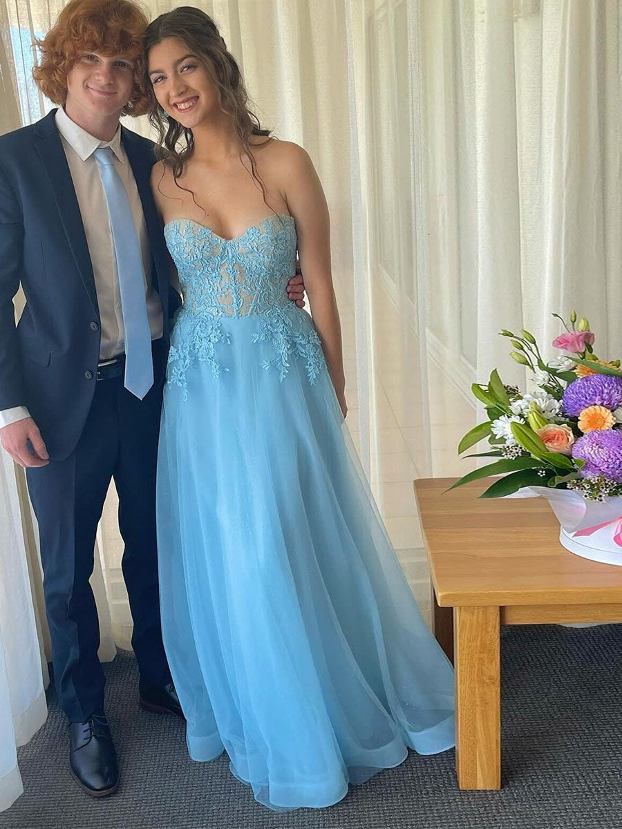 Dreamylily Prom Dress Light Blue Strapless Tulle Ball Gown with Floral