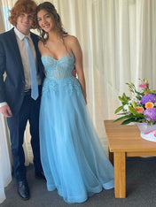 Light Blue Strapless Tulle Prom Dress with Floral Lace Appliqués