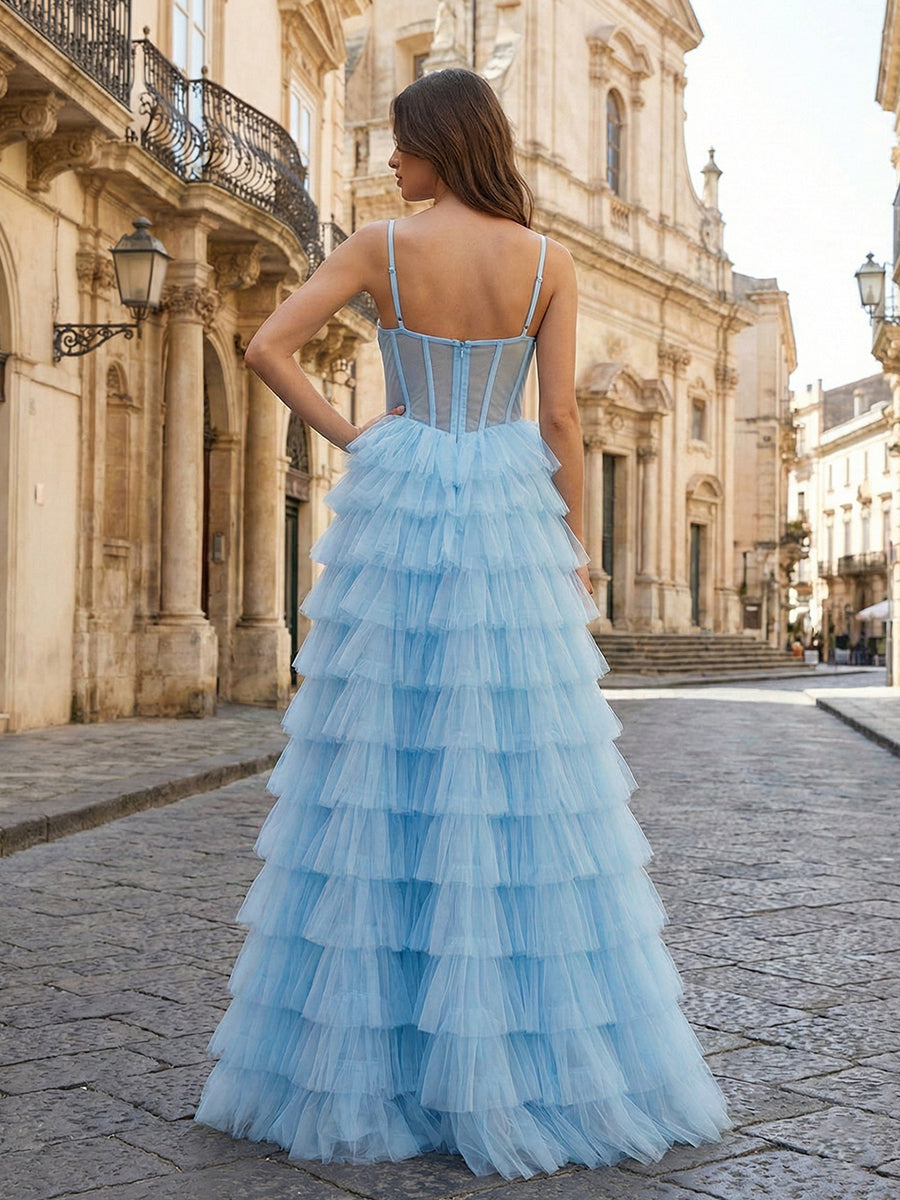 Dreamylily Prom Dress Light Blue Sweetheart A Line Tiered Tulle Corset