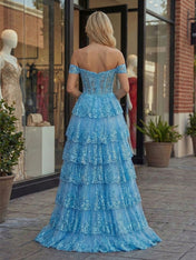 Light Blue Tiered Ruffle Off-the-Shoulder Prom Dress with Slit