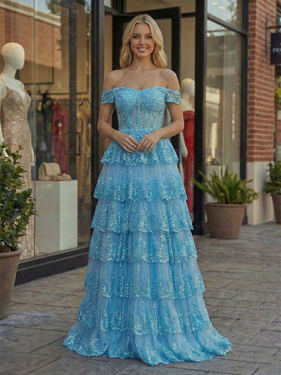 Light Blue Tiered Ruffle Off-the-Shoulder Prom Dress with Slit
