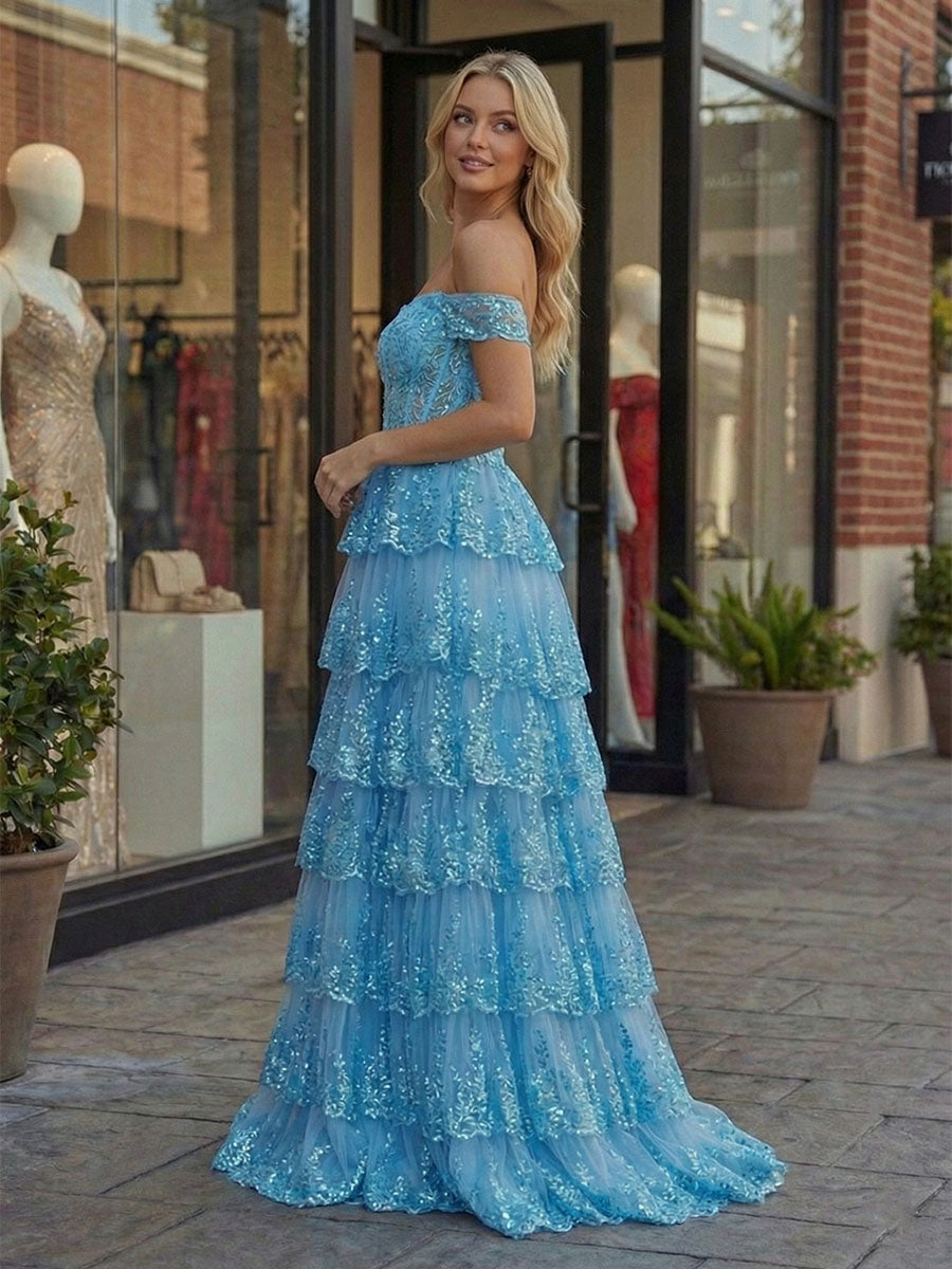 Light Blue Tiered Ruffle Off-the-Shoulder Prom Dress with Slit