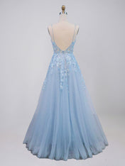Light Blue V-Neck Tulle A-Line Prom Dress with 3D Floral Appliqués