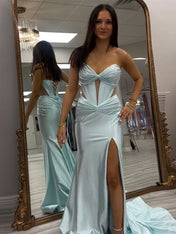 Aqua Mermaid Strapless Sweetheart Long Prom Dress with Slit