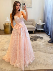 Light Pink A Line Sequin Long Prom Dress with Bow