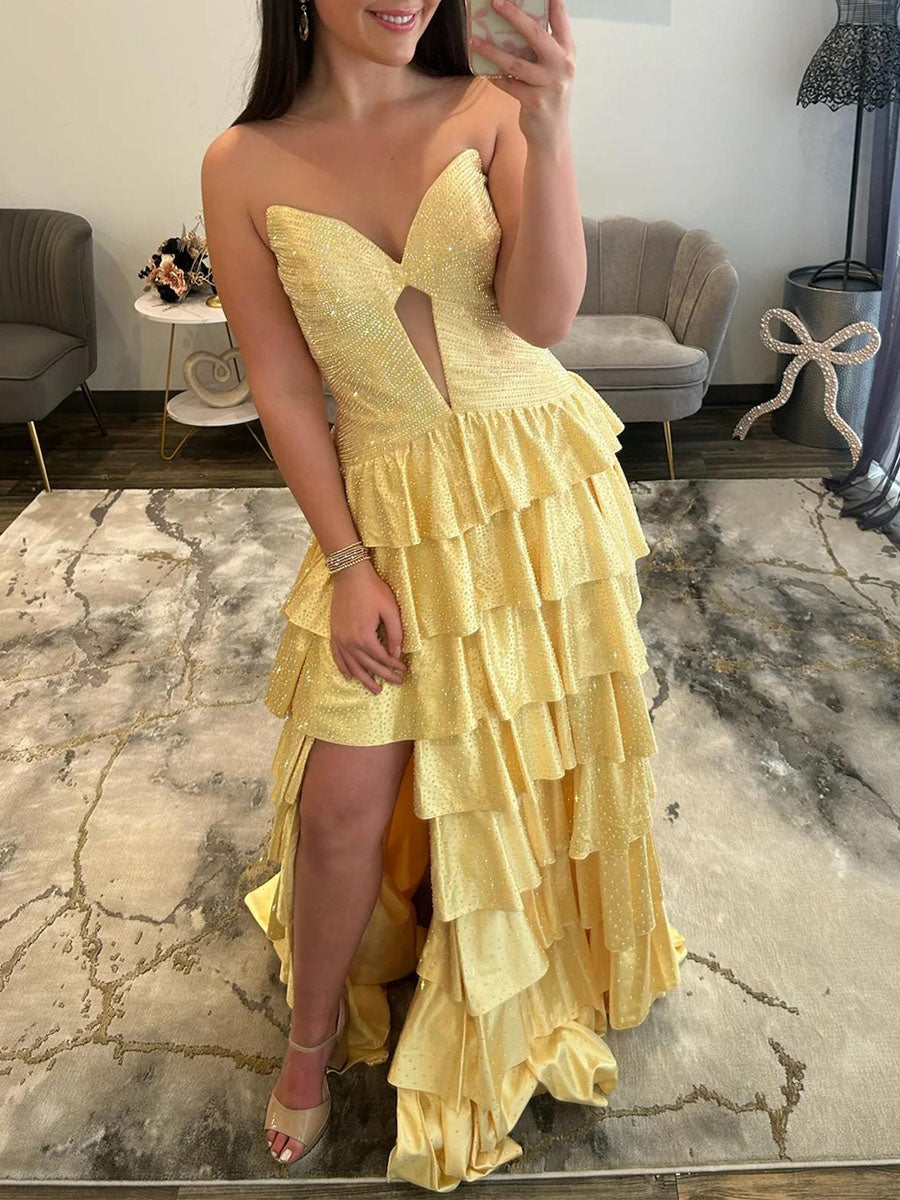 Light Pink Strapless Shimmer Tiered Ruffle Long Prom Dress with Slit