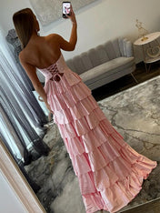 Light Pink Strapless Shimmer Tiered Ruffle Long Prom Dress with Slit