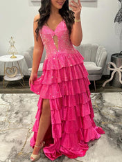 Light Pink Strapless Shimmer Tiered Ruffle Long Prom Dress with Slit