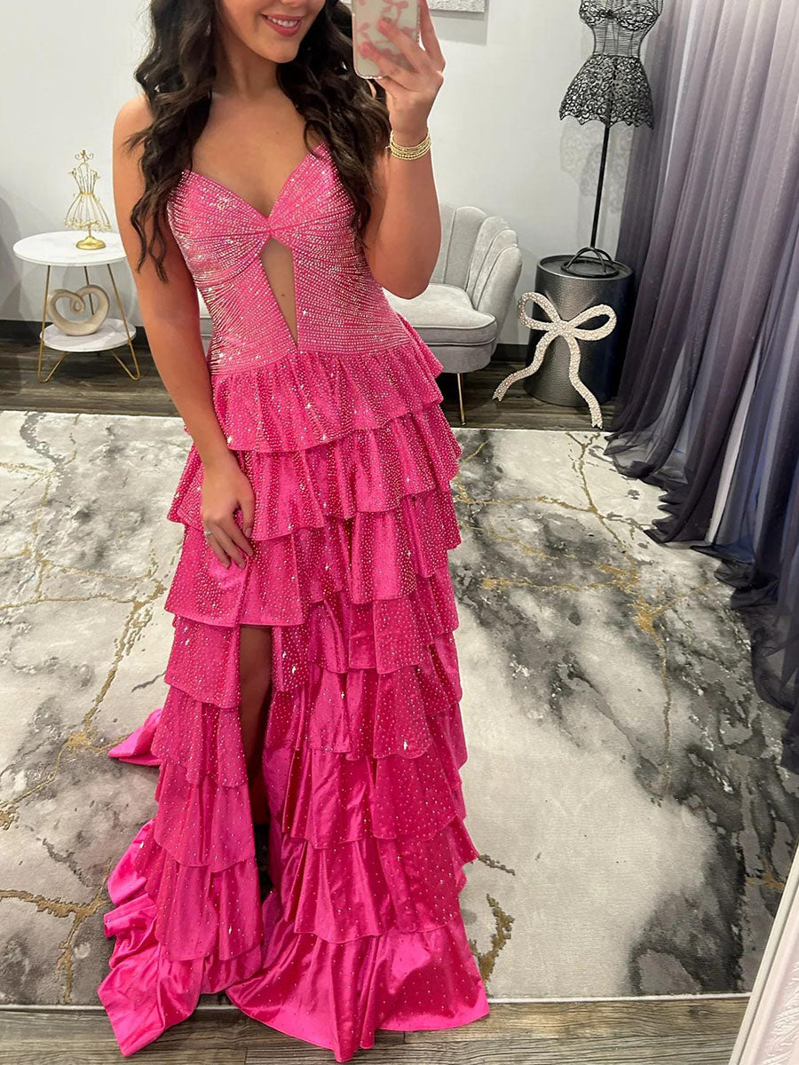 Light Pink Strapless Shimmer Tiered Ruffle Long Prom Dress with Slit