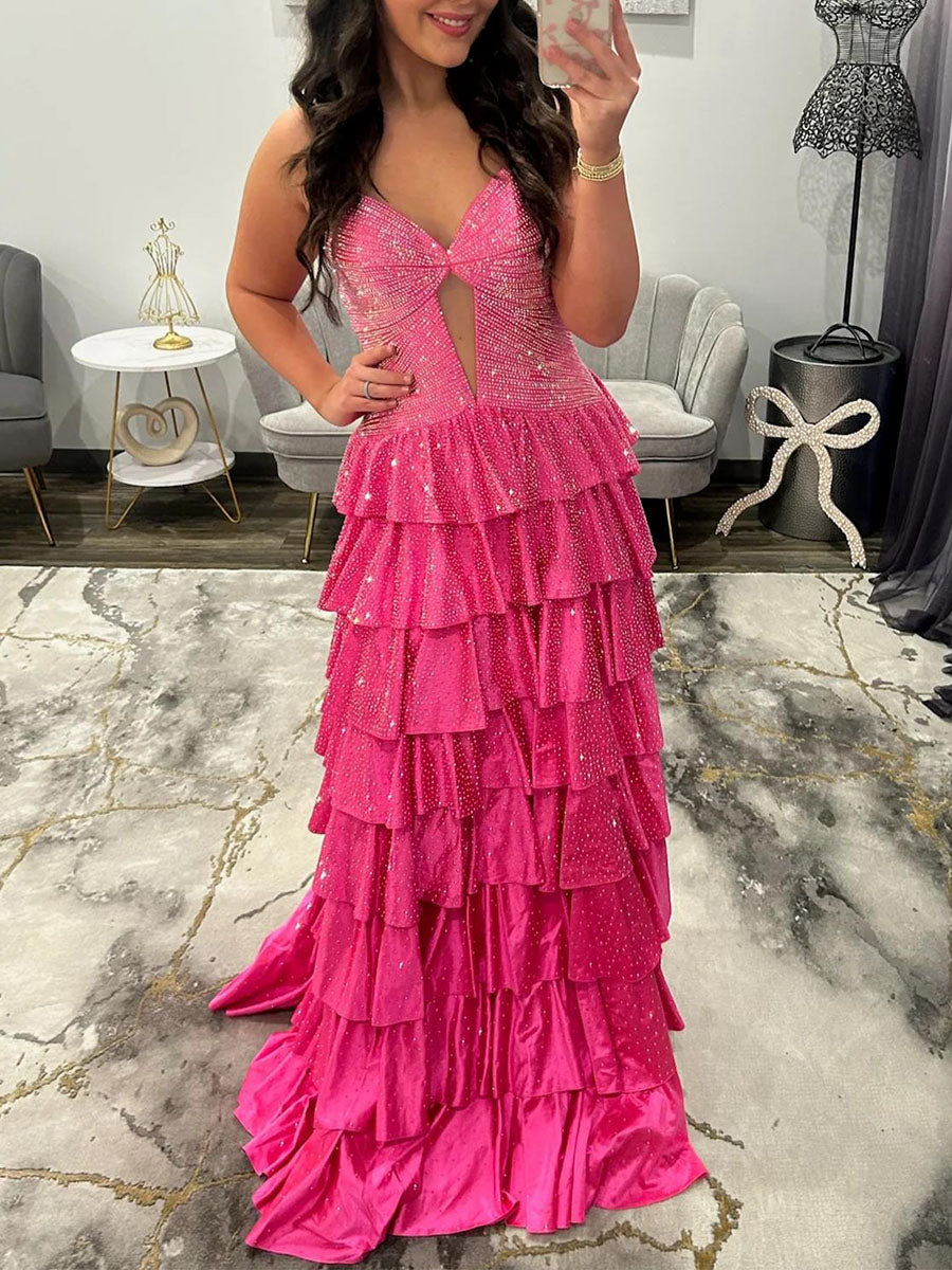 Light Pink Strapless Shimmer Tiered Ruffle Long Prom Dress with Slit