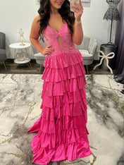 Light Pink Strapless Shimmer Tiered Ruffle Long Prom Dress with Slit