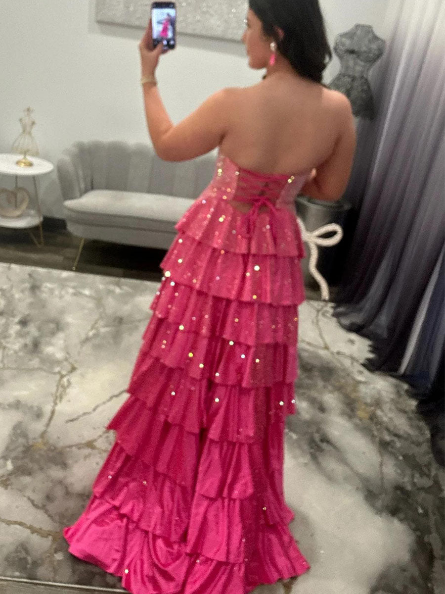 Light Pink Strapless Shimmer Tiered Ruffle Long Prom Dress with Slit