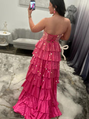 Light Pink Strapless Shimmer Tiered Ruffle Long Prom Dress with Slit