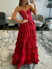 Light Pink Strapless Shimmer Tiered Ruffle Long Prom Dress with Slit