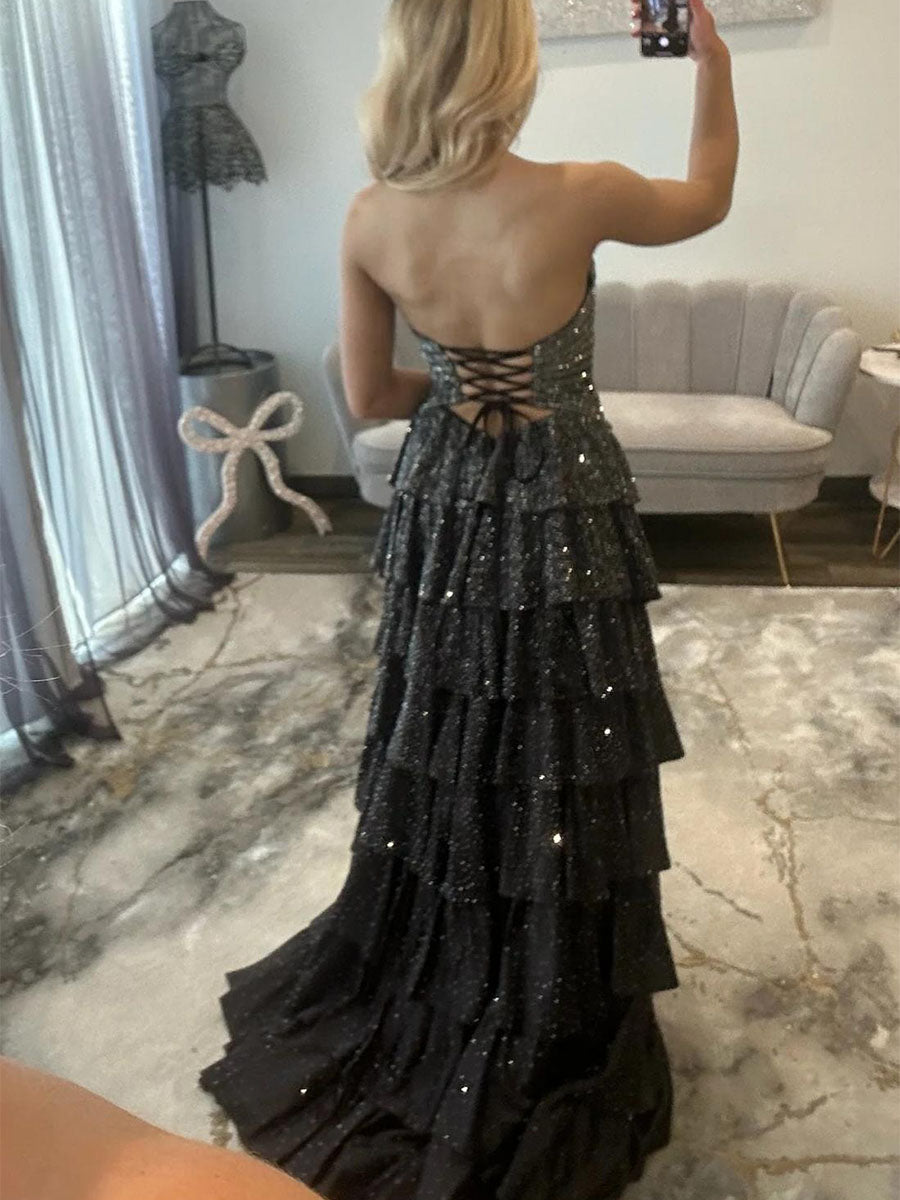 Light Pink Strapless Shimmer Tiered Ruffle Long Prom Dress with Slit