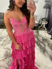 Light Pink Strapless Shimmer Tiered Ruffle Long Prom Dress with Slit