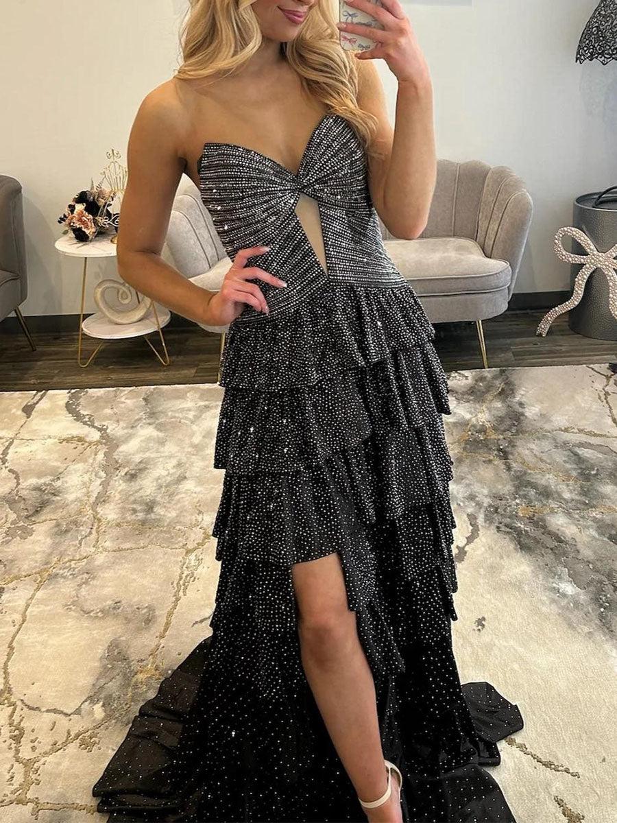 Light Pink Strapless Shimmer Tiered Ruffle Long Prom Dress with Slit