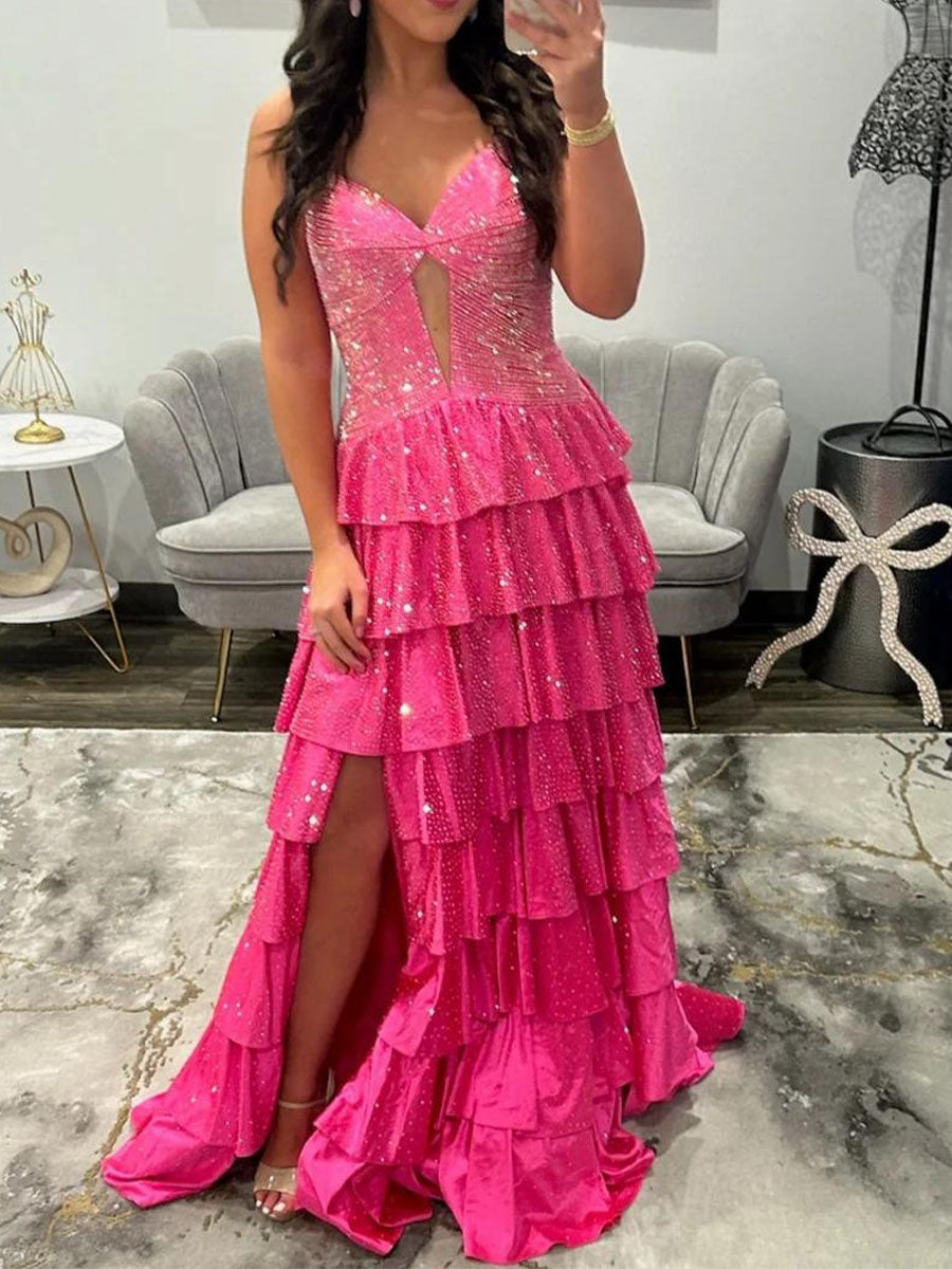 Light Pink Strapless Shimmer Tiered Ruffle Long Prom Dress with Slit