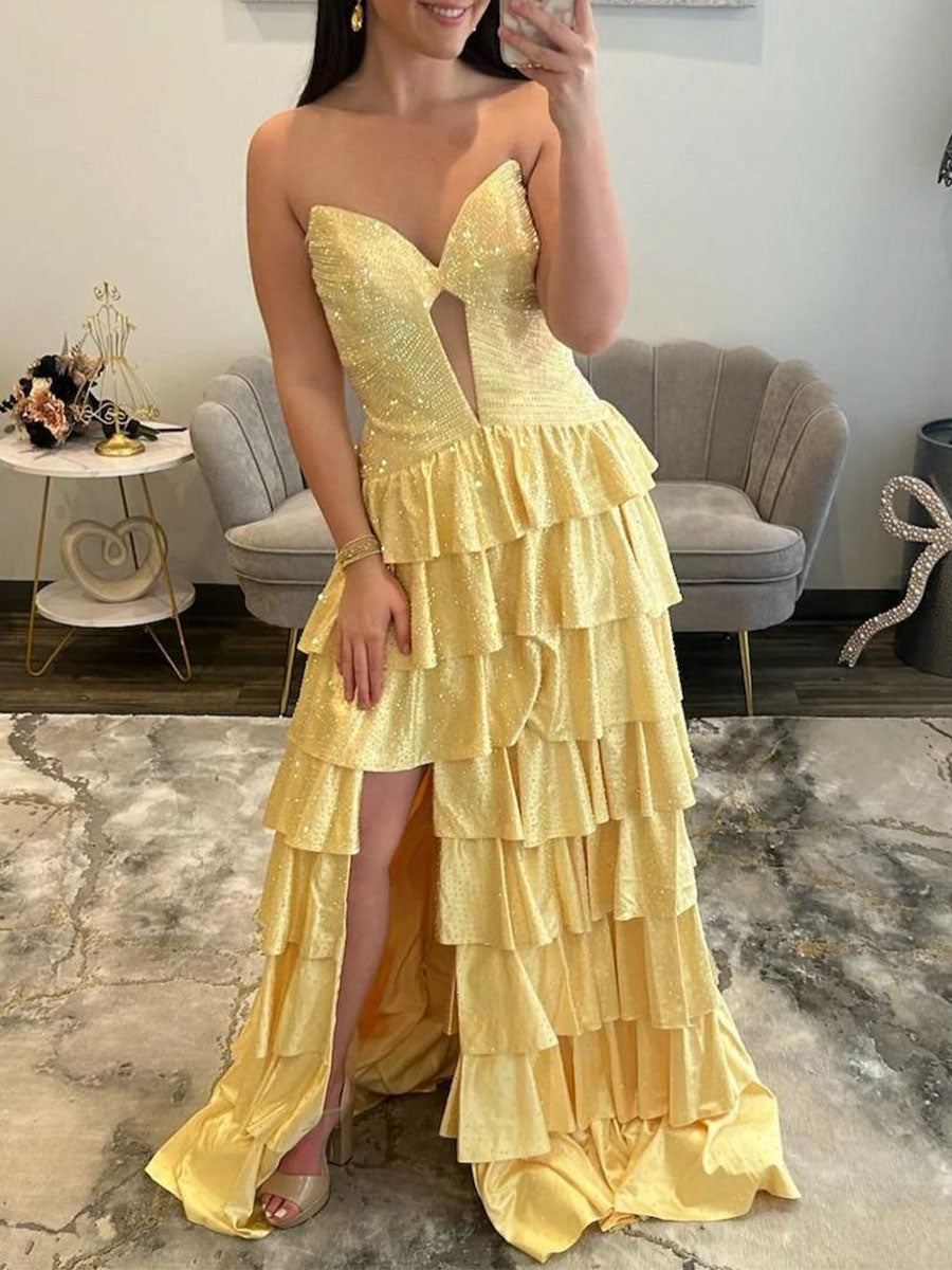 Light Pink Strapless Shimmer Tiered Ruffle Long Prom Dress with Slit