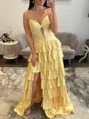 Light Pink Strapless Shimmer Tiered Ruffle Long Prom Dress with Slit