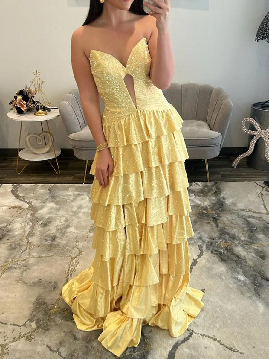 Light Pink Strapless Shimmer Tiered Ruffle Long Prom Dress with Slit