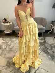 Light Pink Strapless Shimmer Tiered Ruffle Long Prom Dress with Slit