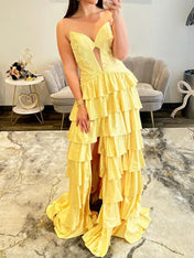 Light Pink Strapless Shimmer Tiered Ruffle Long Prom Dress with Slit