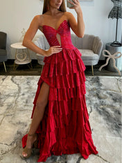 Light Pink Strapless Shimmer Tiered Ruffle Long Prom Dress with Slit