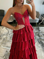 Light Pink Strapless Shimmer Tiered Ruffle Long Prom Dress with Slit