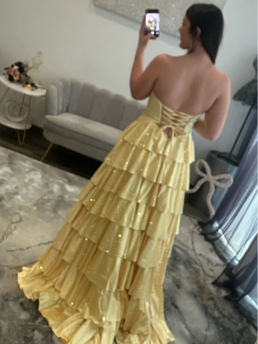 Light Pink Strapless Shimmer Tiered Ruffle Long Prom Dress with Slit