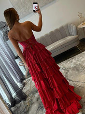 Light Pink Strapless Shimmer Tiered Ruffle Long Prom Dress with Slit