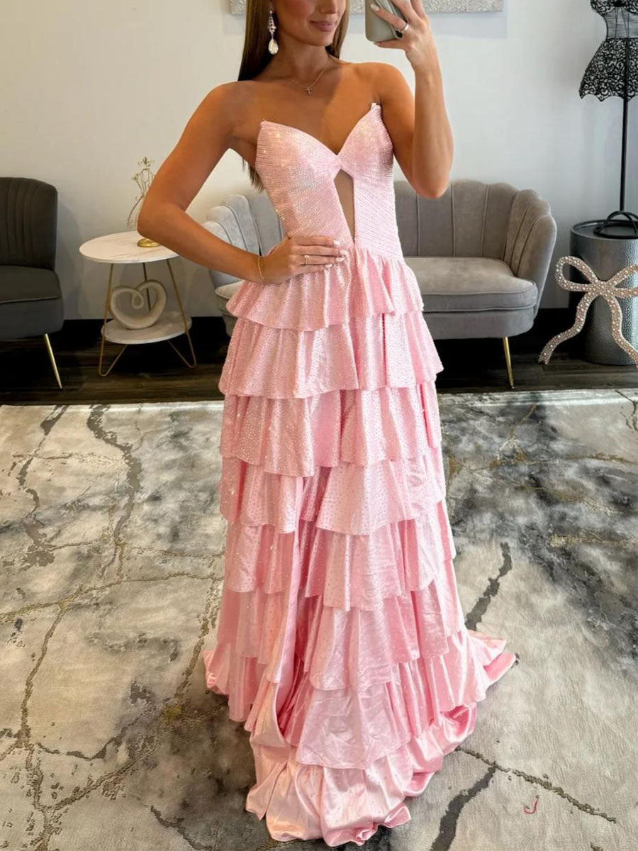 Light Pink Strapless Shimmer Tiered Ruffle Long Prom Dress with Slit