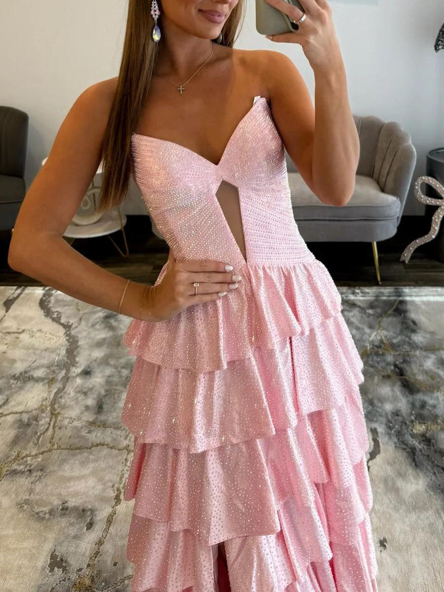 Light Pink Strapless Shimmer Tiered Ruffle Long Prom Dress with Slit