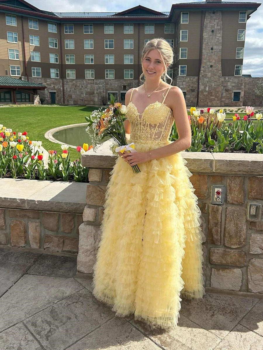 Light Yellow Tiered Ruffled Tulle Long Prom Dress