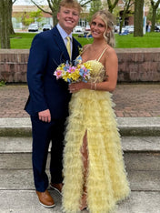 Light Yellow Tiered Ruffled Tulle Long Prom Dress