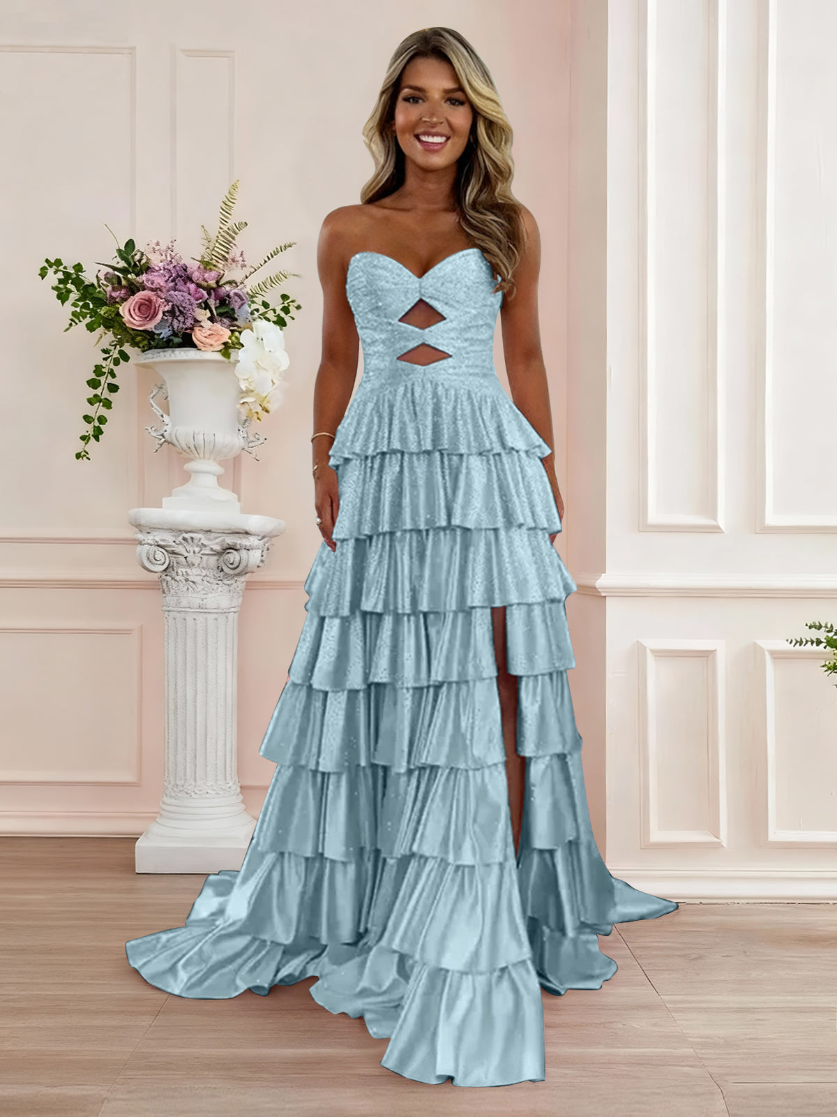 A Line Strapless Sweetheart Satin Prom Dress with Keyhole