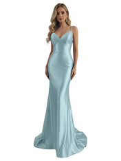Blue Mermaid Spaghetti Straps V-Neck Rhinestone Long Prom Dress
