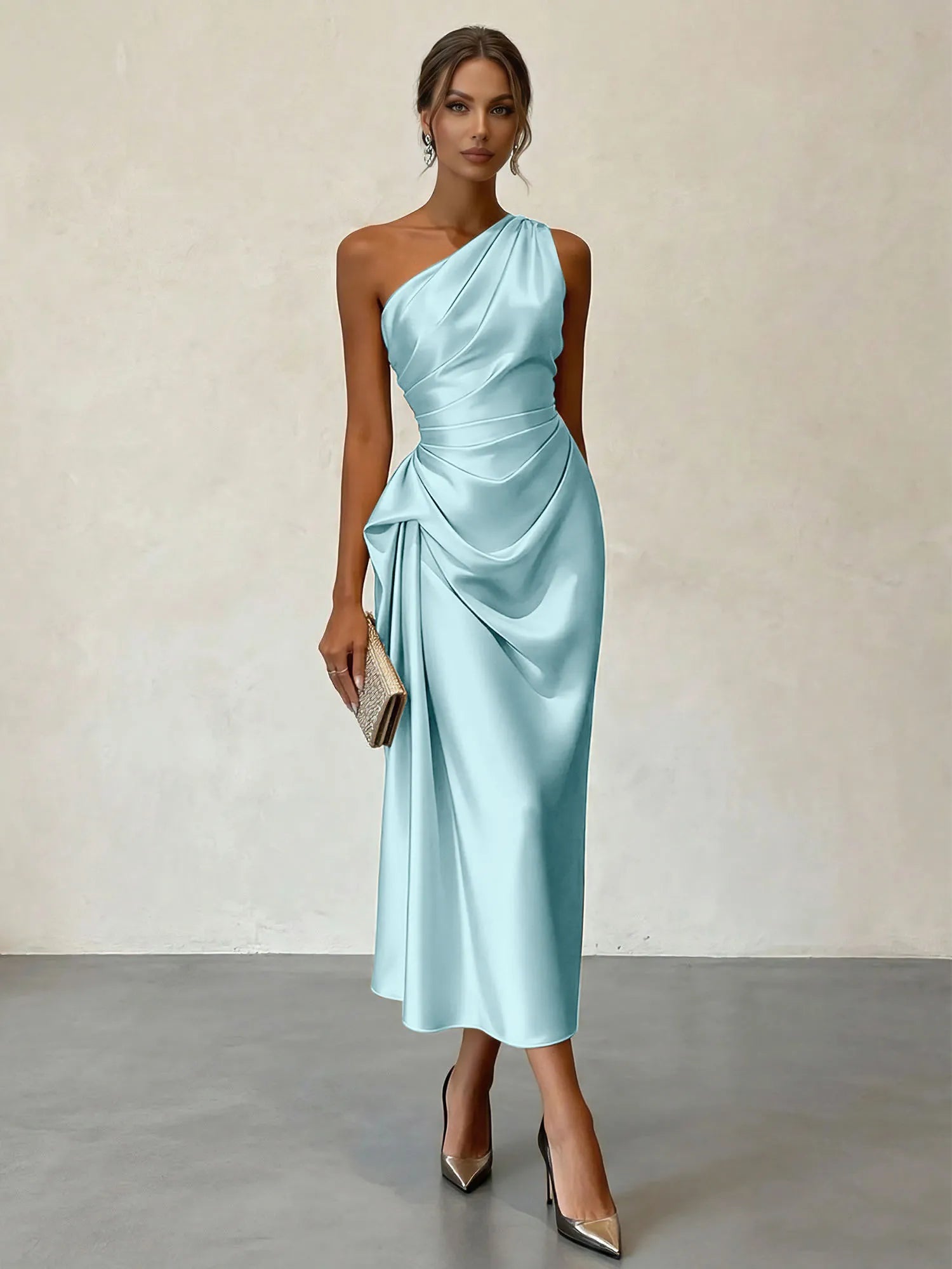 Champagne Ruched Satin One Shoulder Sleeveless Sheath Midi Dress