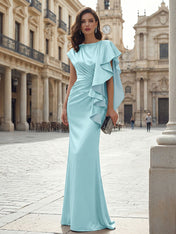 Elegant Formal Evening Dress Moonlight Silver Asymmetrical Ruffle Satin Gown