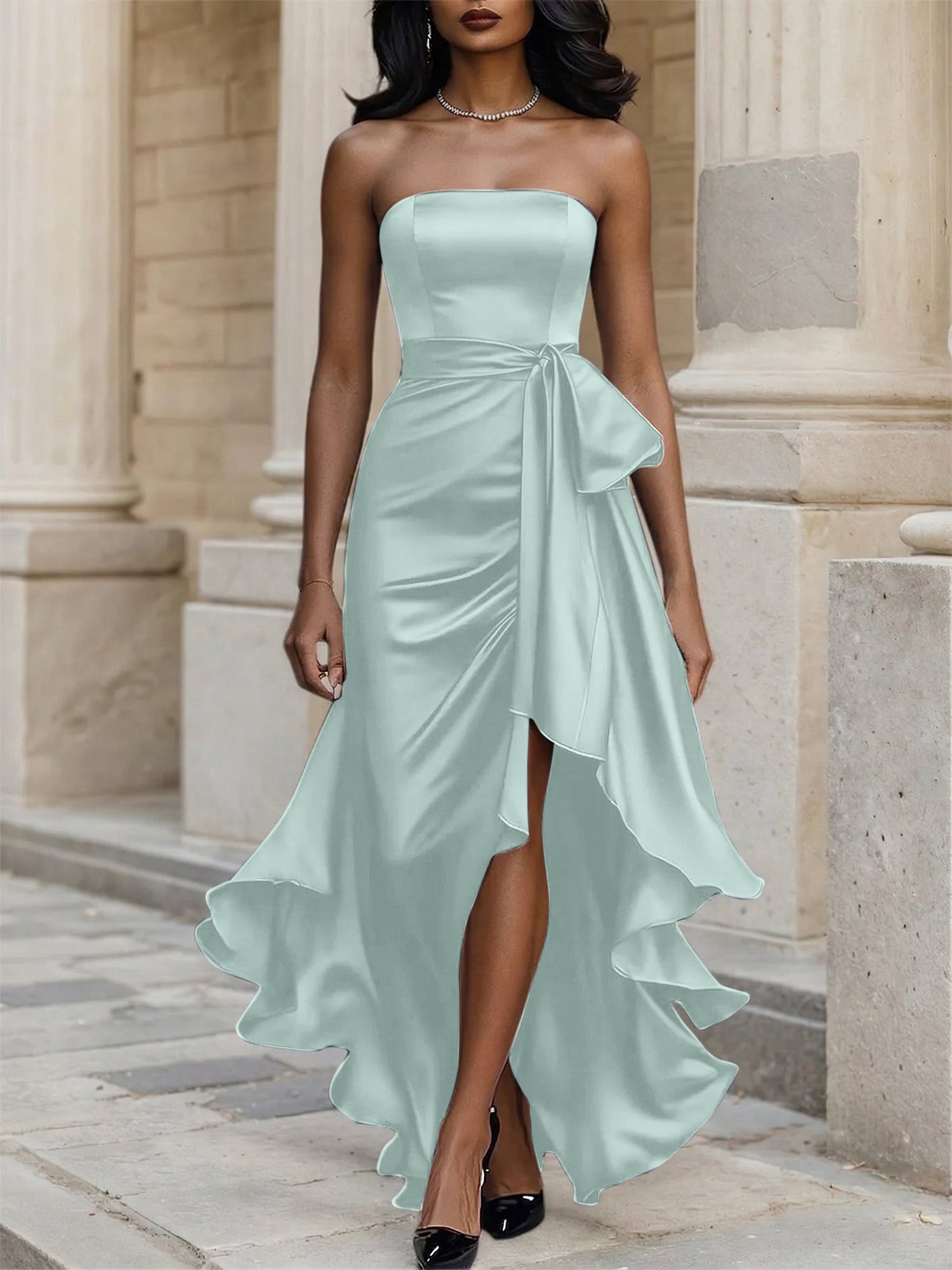 Glamorous Formal Dress Midnight Navy Strapless Satin Gown Midi Dress