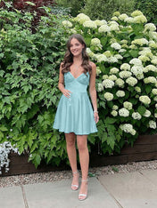 Blue A Line V-neck Beaded Back Tie Short Homecoming Mini Dress
