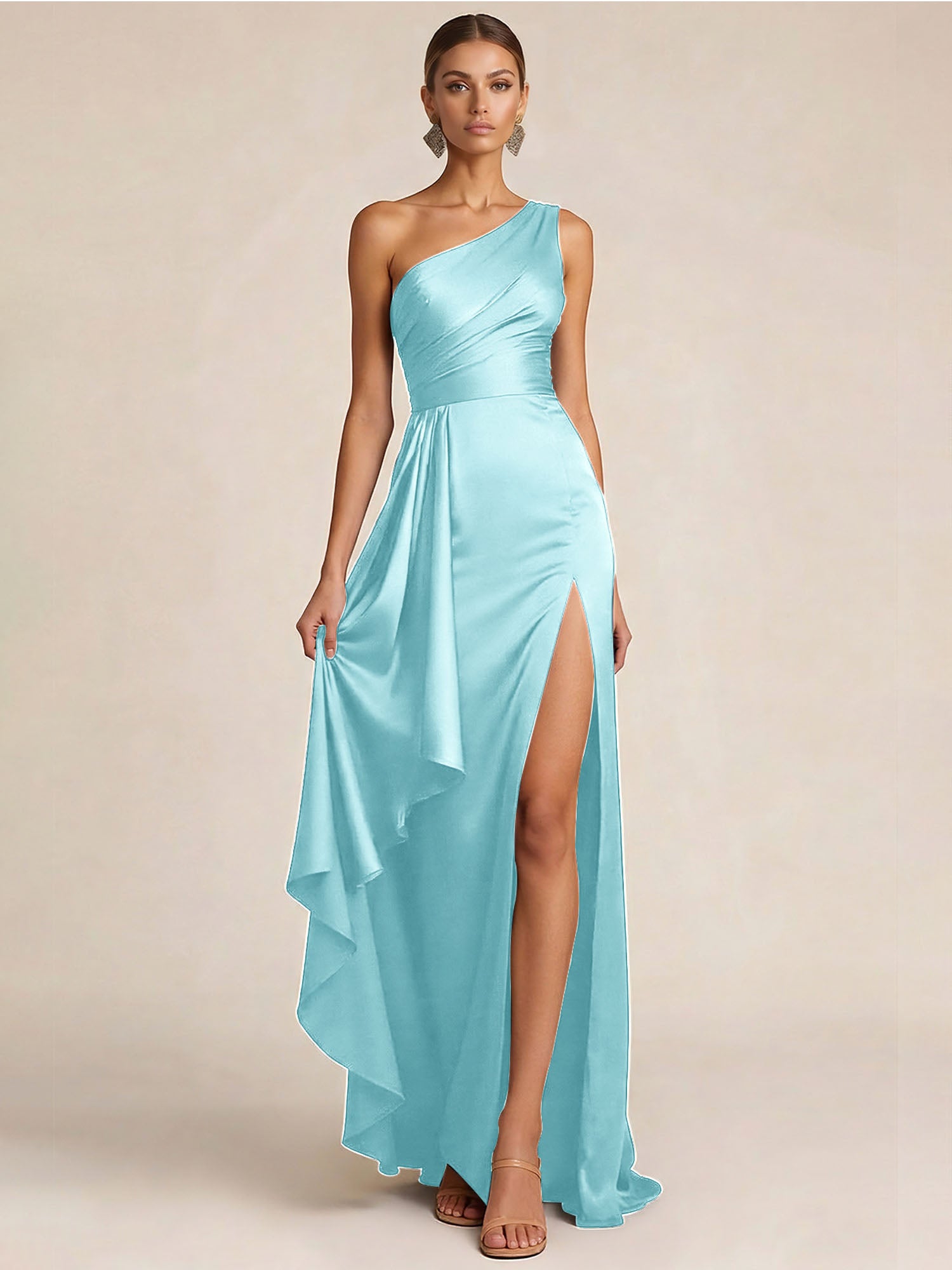 Sleek Foraml Evening Gown Midnight Navy One-Shoulder Satin Slit Maxi Dress