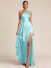 Sleek Foraml Evening Gown Midnight Navy One-Shoulder Satin Slit Maxi Dress
