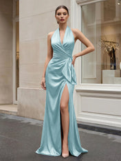 Navy Blue Halter V-Neck Satin Gown with Side Knot and High Slit Evening Dress
