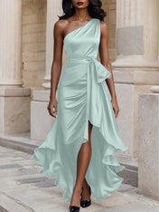 Glamorous Formal Dress Midnight Navy One Shoulder High-Low Satin Gown Midi Dress