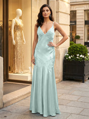 Green Appliques Soft Satin Long Prom Party Dress