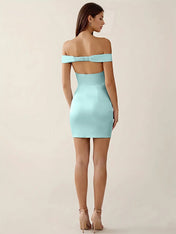 Off-The-Shoulder Ruched Satin Mini Homecoming Dress